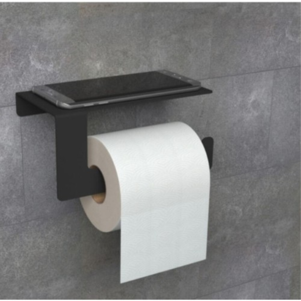 Metal Matte Black Toilet Paper Holder With Phone Shelf
