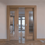 Glazed 2-Wing Sliding Wooden Door For In-Wall